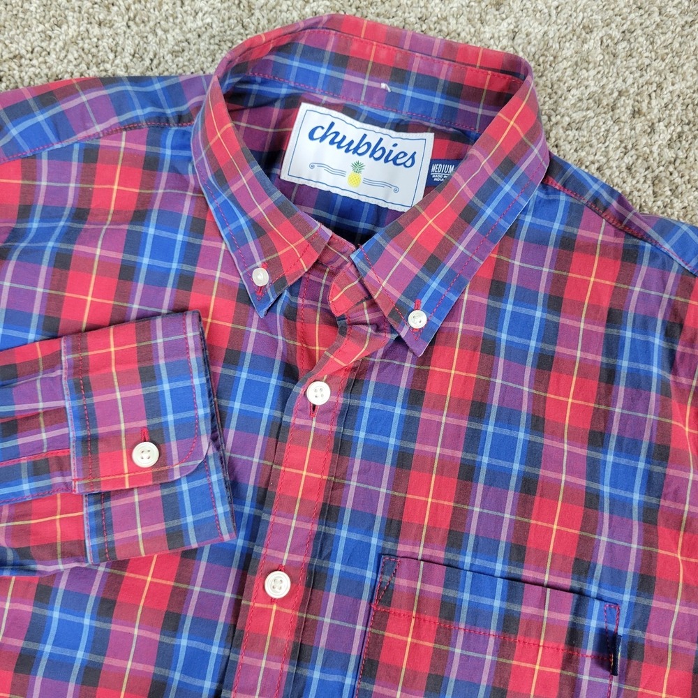 Chubbies Mens Medium‎ Red Blue Plaid Button Down Long Sleeve